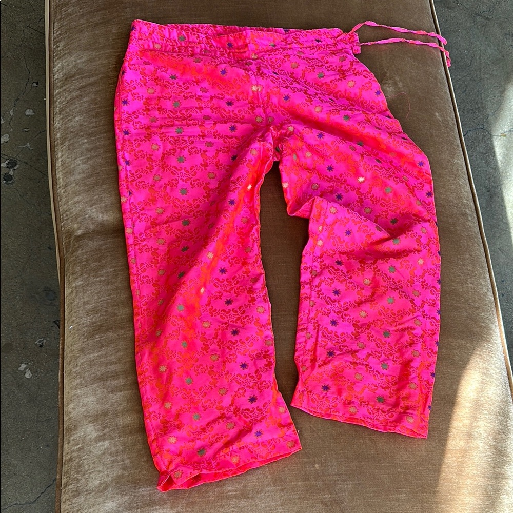 Satin Cropped Capri Summer pants Tie waist Bright pink Gold floral Green Purpl - Picture 4 of 10